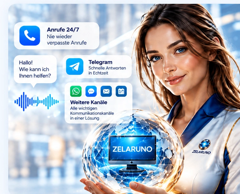 ZELARUNO KI-Assistentin mit kristallinem ZELARUNO Logo und digitaler Kommunikation
